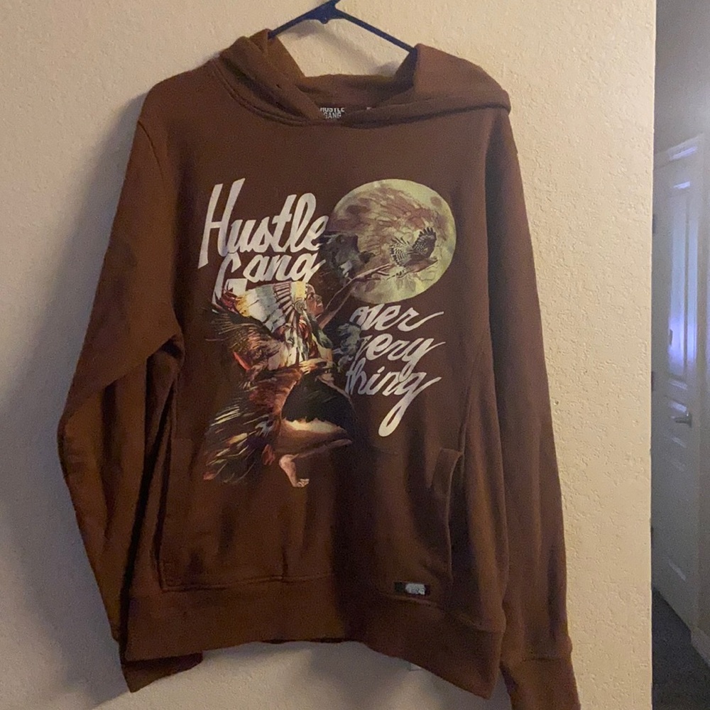 Hustle Gang Vintage Brown Hoodie with Hood Size L